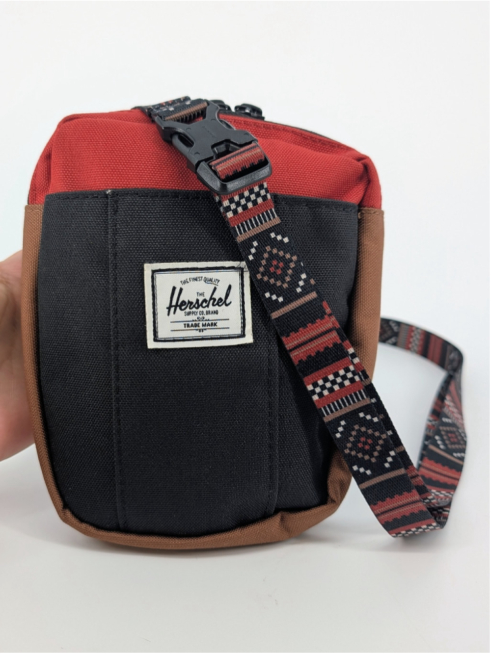 Herschel Supply Co Crossbody Bag Black Rust Brown Geometric Strap Travel Purse